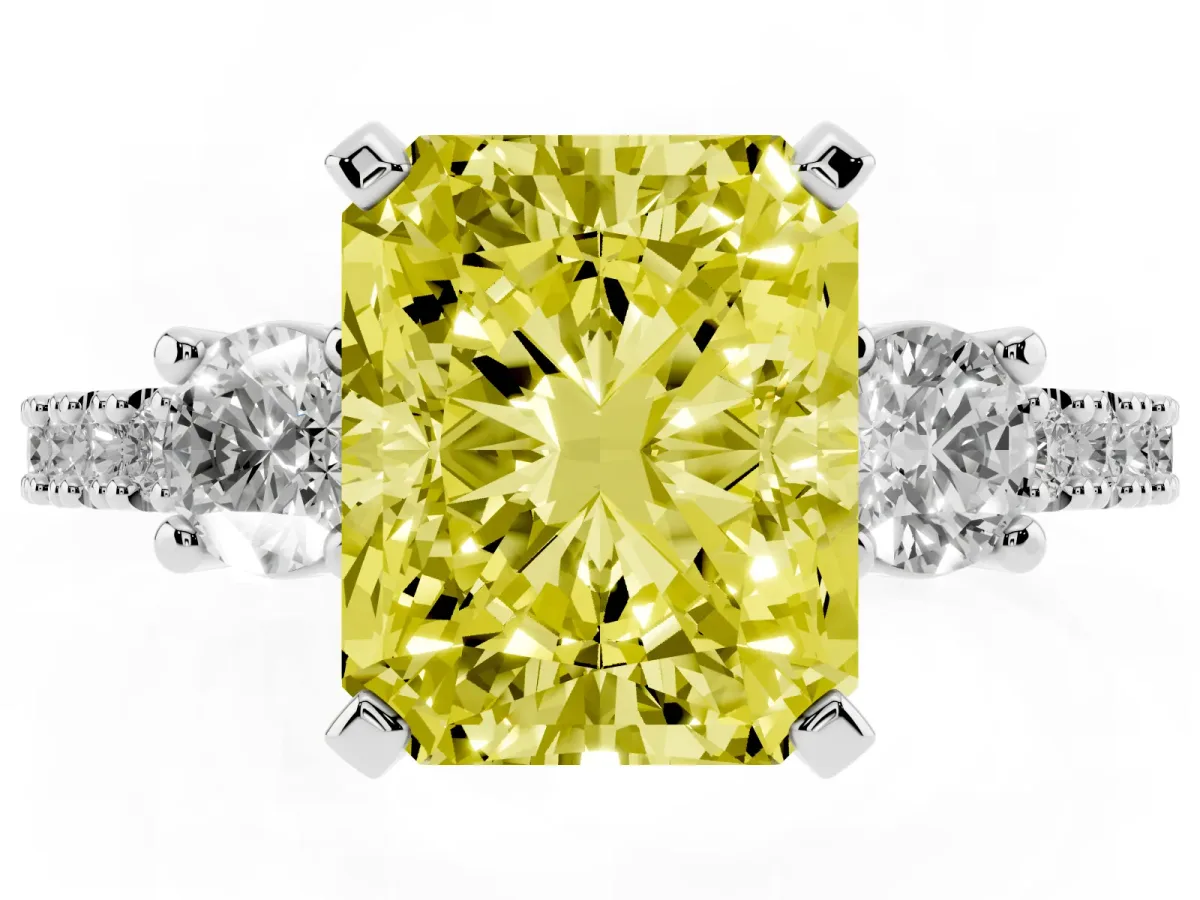 Fancy Yellow Radiant Cut Three-Stone Diamond Pavé Band with Prong Setting Silver