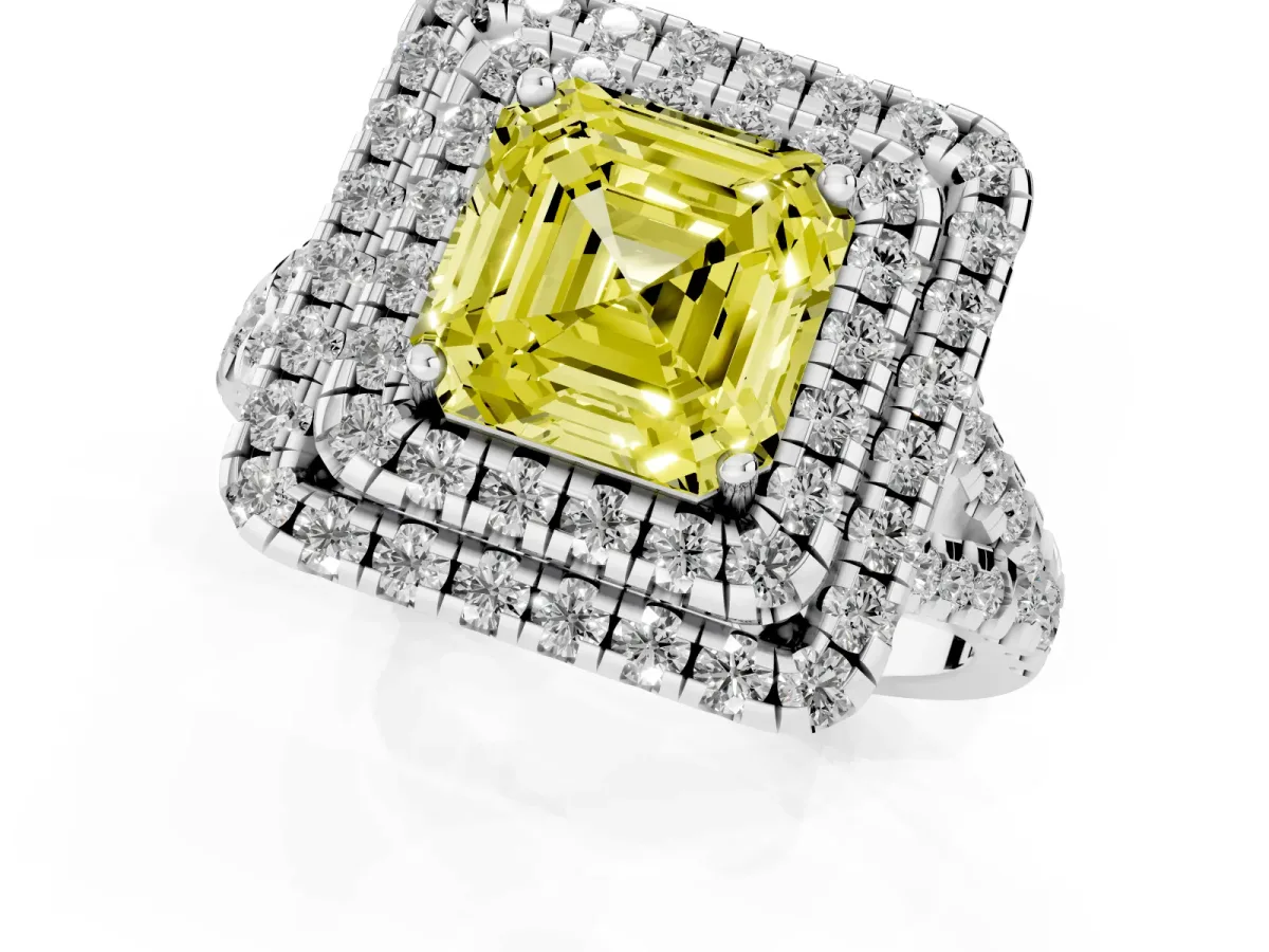 Fancy Yellow Double Halo Asscher Cut Diamond Pavé Split Shank Ring with Prong Setting Silver