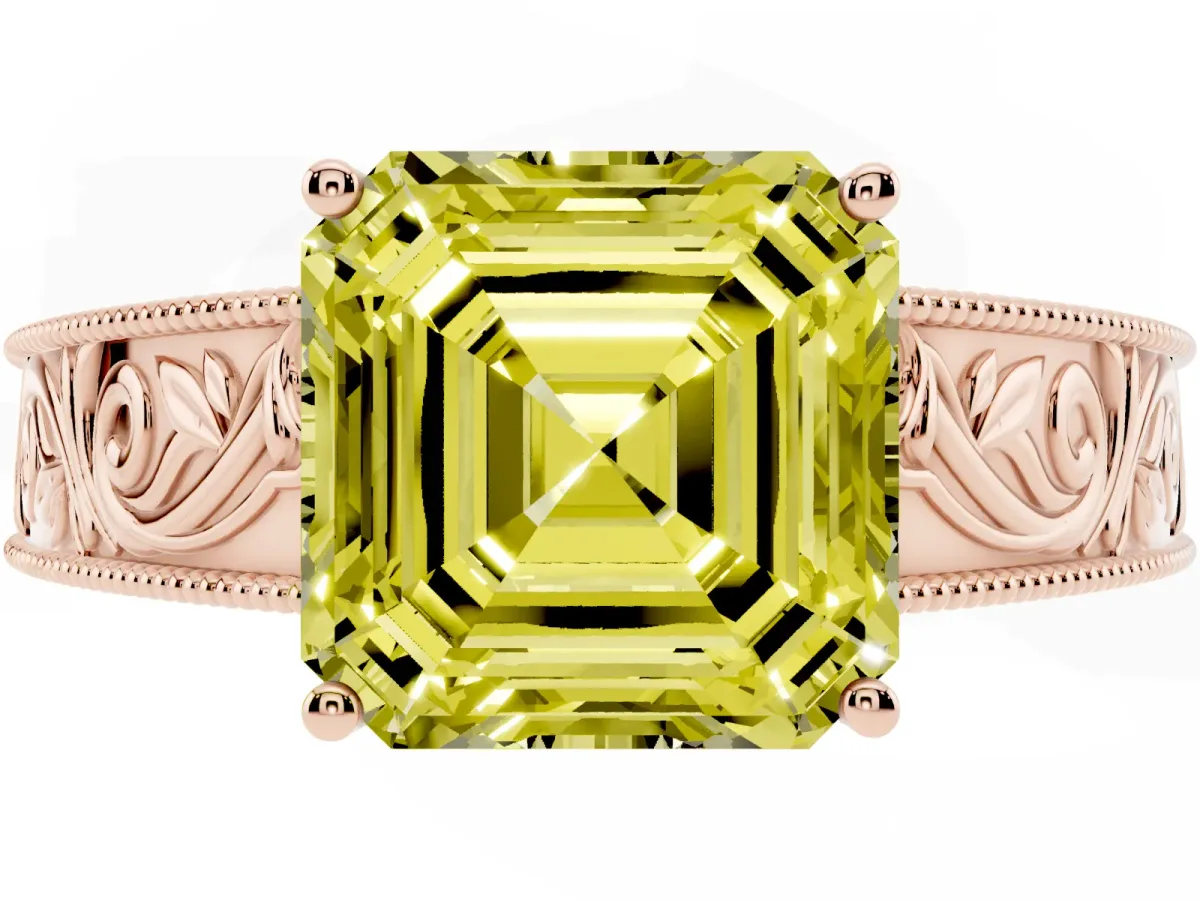 Fancy Yellow Asscher Cut Diamond Solitaire Ring with Engraved Band and Four-Prong Setting Rose gold