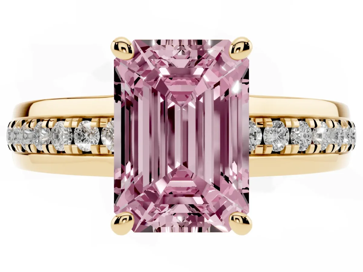 Fancy Pink Emerald Cut Solitaire Diamond Ring with Channel Set Band and Six-Prong Setting Yellow gold