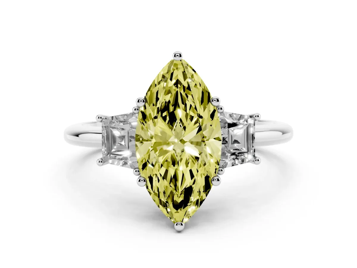 Fancy Yellow Marquise Cut Diamond Three-Stone Ring with Trapezoid Side Stones and Prong Setting Silver