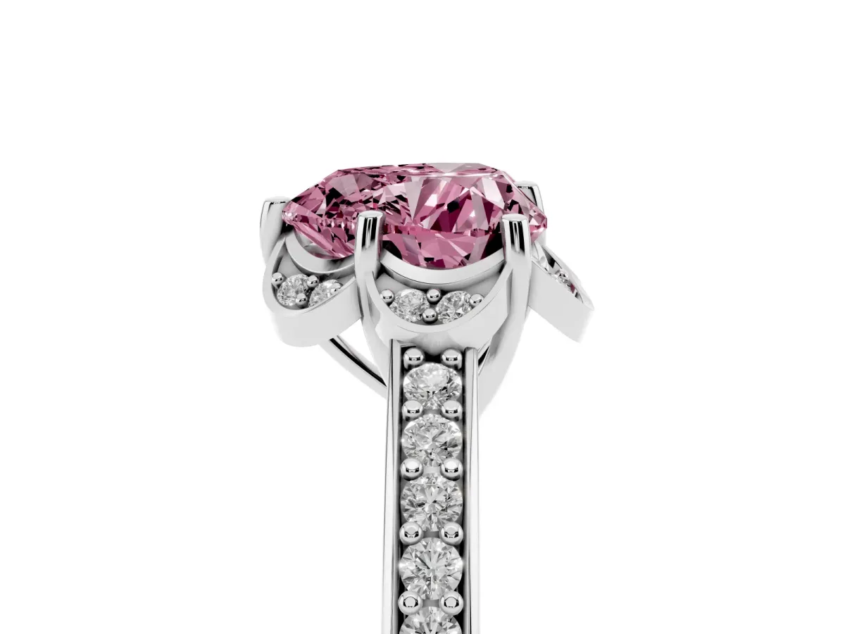 Fancy Pink Heart Cut Cut Halo Diamond Ring with Channel Set Band and Four-Prong Setting Silver