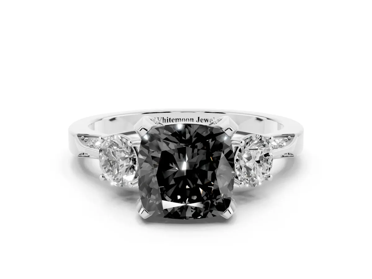 Fancy Black Cushion Cut Brilliant Three-Stone Diamond Ring with Pavé Band and Four-Prong Setting White gold