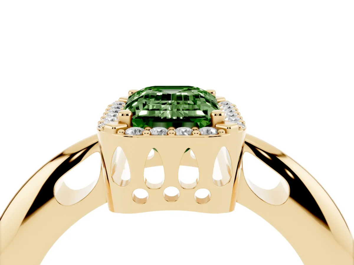 Fancy Green Emerald Cut Cut Diamond Halo Engagement Ring with Split Shank and Four-Prong Setting Yellow gold