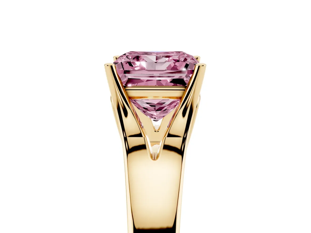 Fancy Pink Princess Cut Solitaire Diamond Ring with Cathedral Band and Four-Prong Setting Yellow gold