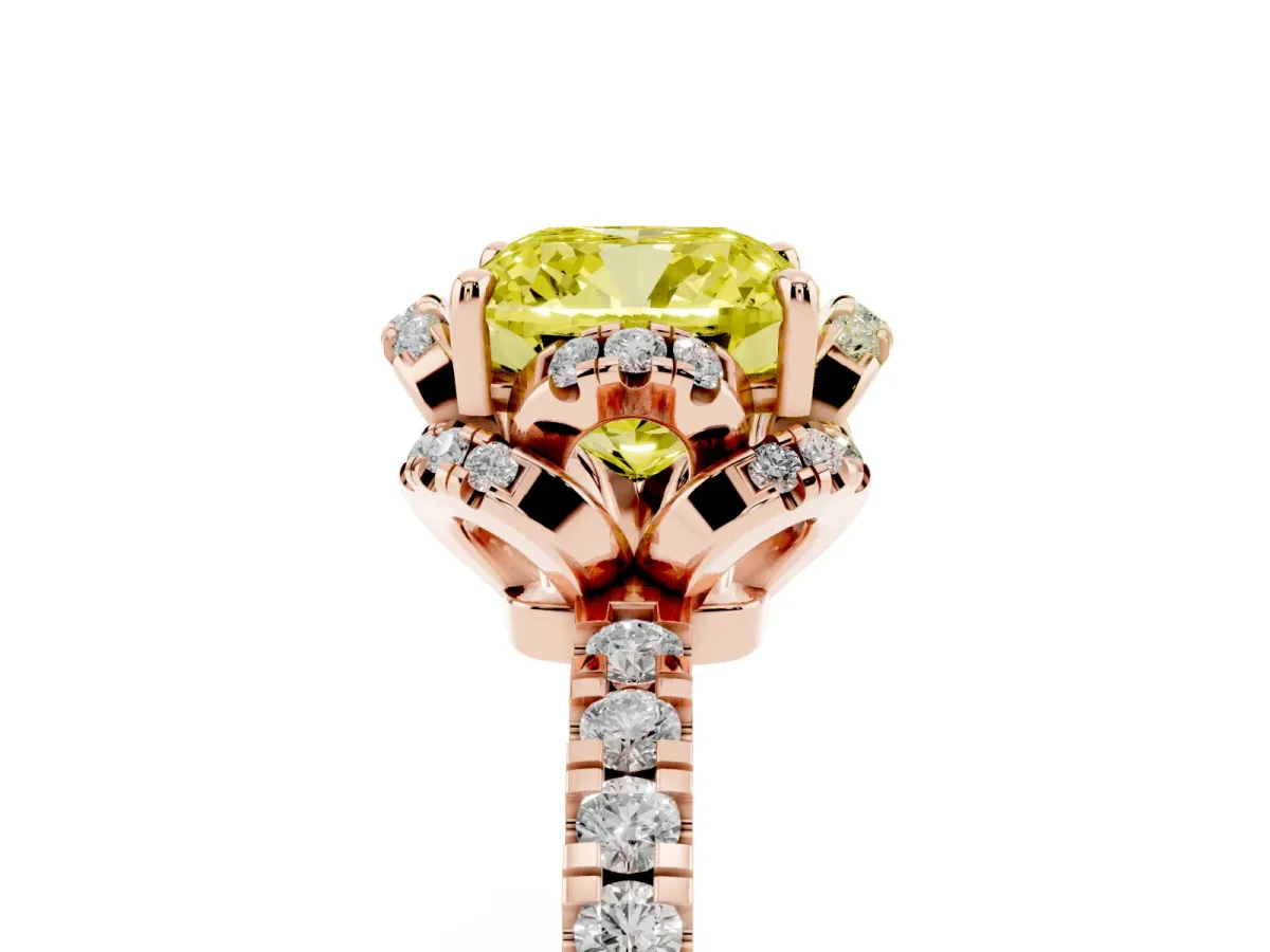 Fancy Yellow Cushion Cut Diamond Halo Pave Band with Four-Prong Setting Rose gold
