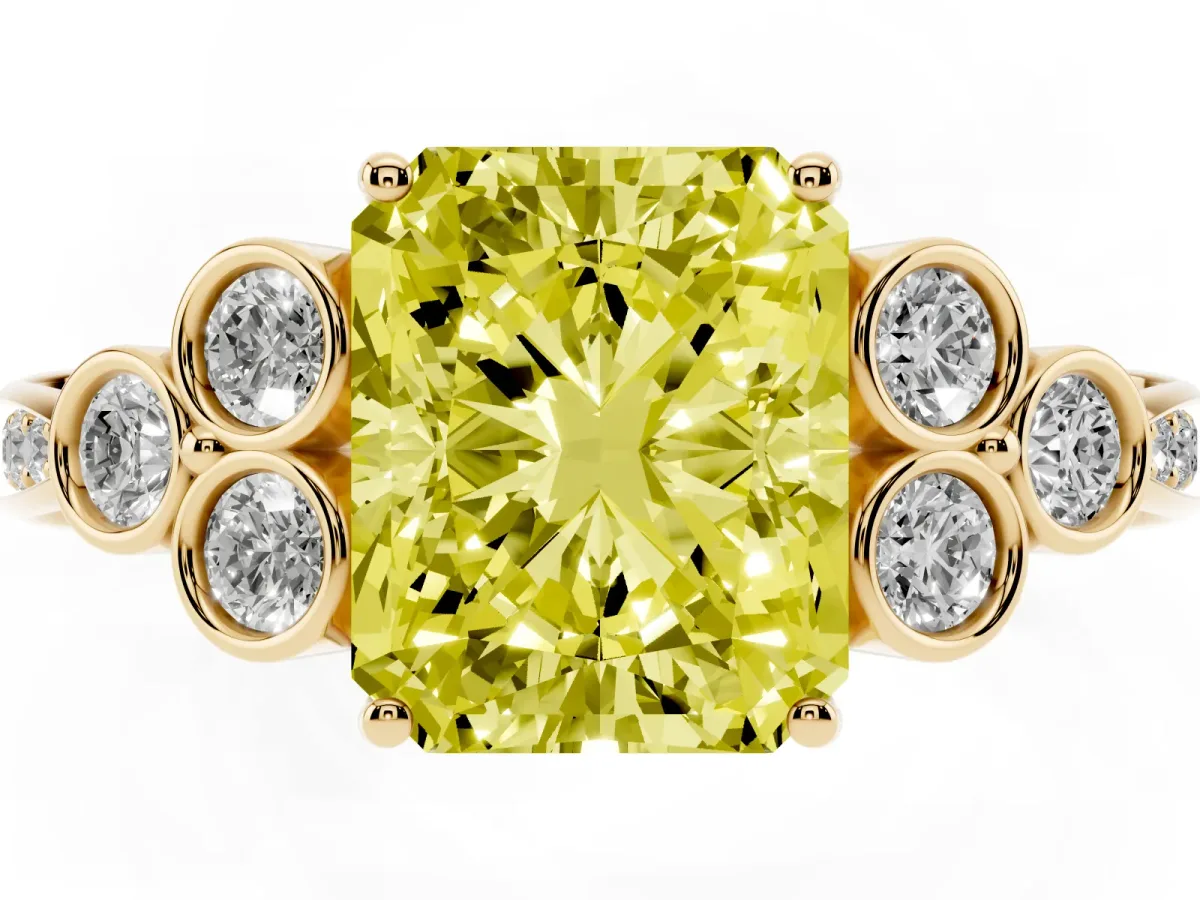 Fancy Yellow Radiant Cut Cut Diamond Engagement Ring with Bezel Set Round Side Stones and Prong Setting Yellow gold