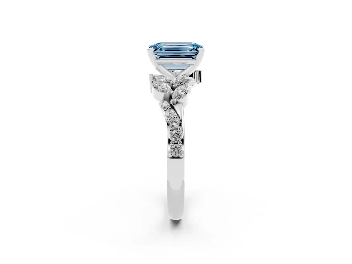 Fancy Blue Emerald Cut Solitaire Marquise Twist Band with Six-Prong Setting Silver