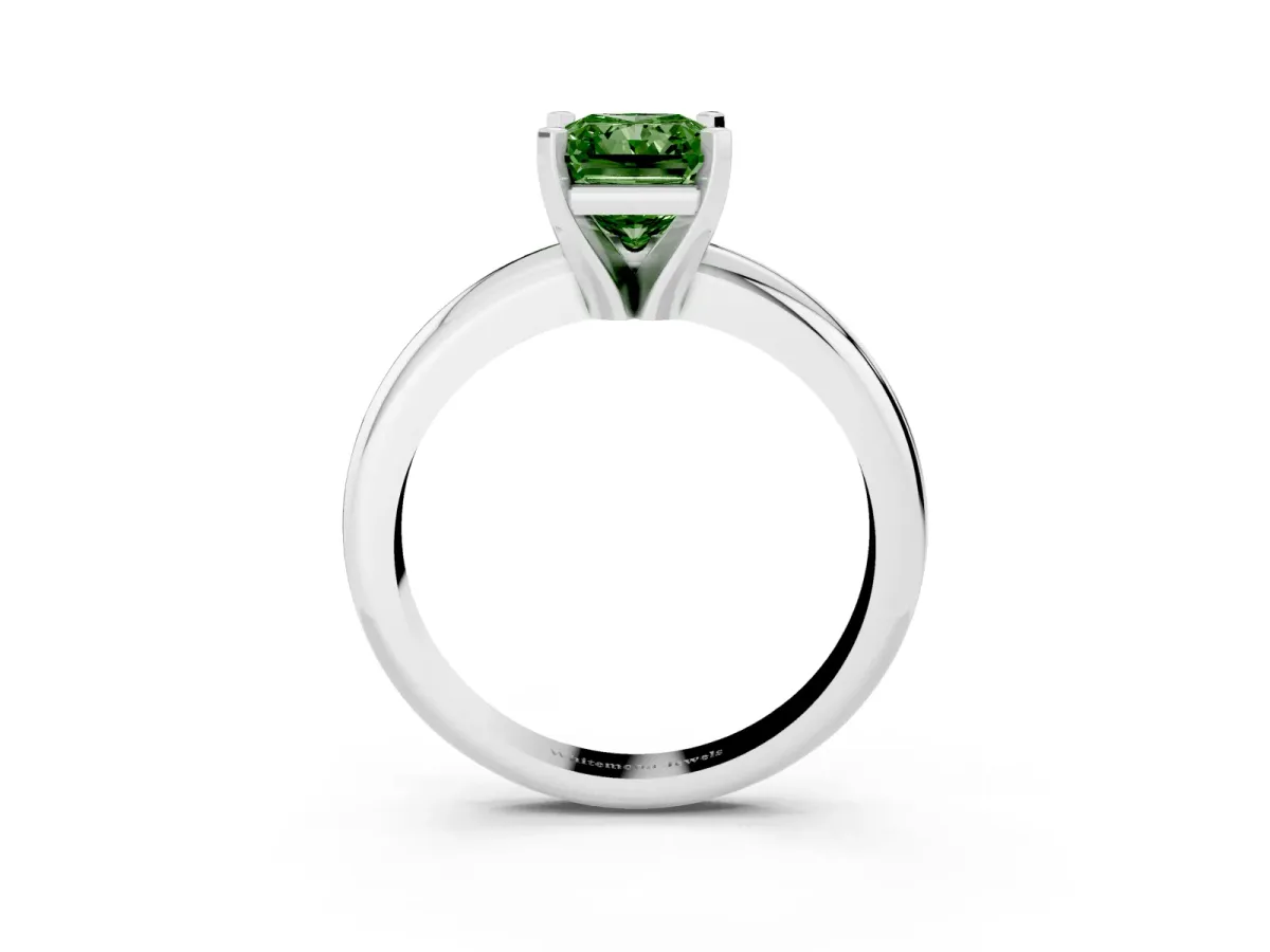 Fancy Green Radiant Cut Diamond Solitaire Engagement Ring with Round Band and Four-Prong Setting Silver