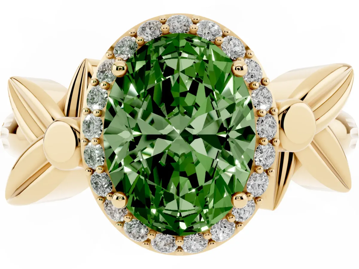 Fancy Green Oval Cut Halo Diamond Floral Band with Four-Prong Setting Yellow gold