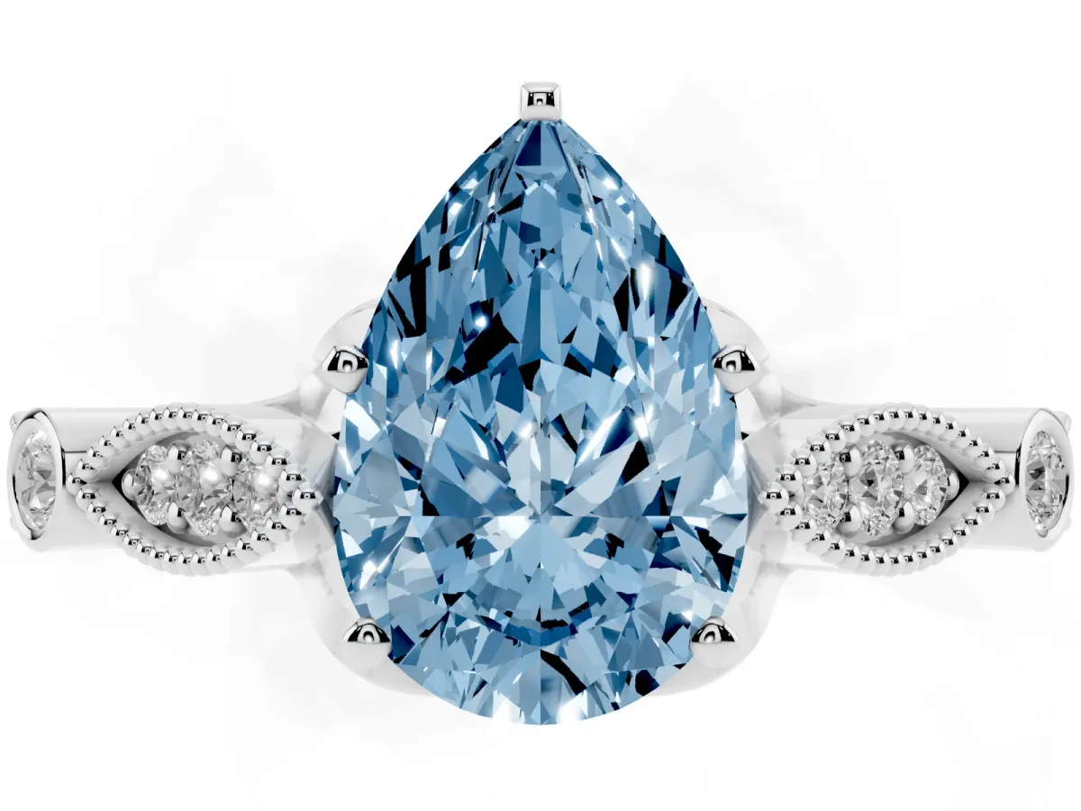 Fancy Blue Pear Cut Cut Diamond with Milgrain Marquise and Bezel Accents on a Solitaire Band with Prong Setting Platinum