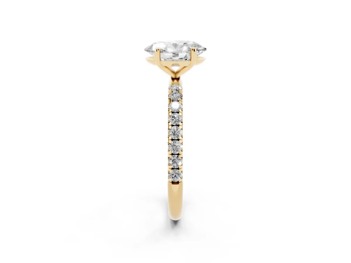 Oval Cut Cut Diamond Solitaire Ring with Micro Pave Band and Four Prong Setting Yellow gold