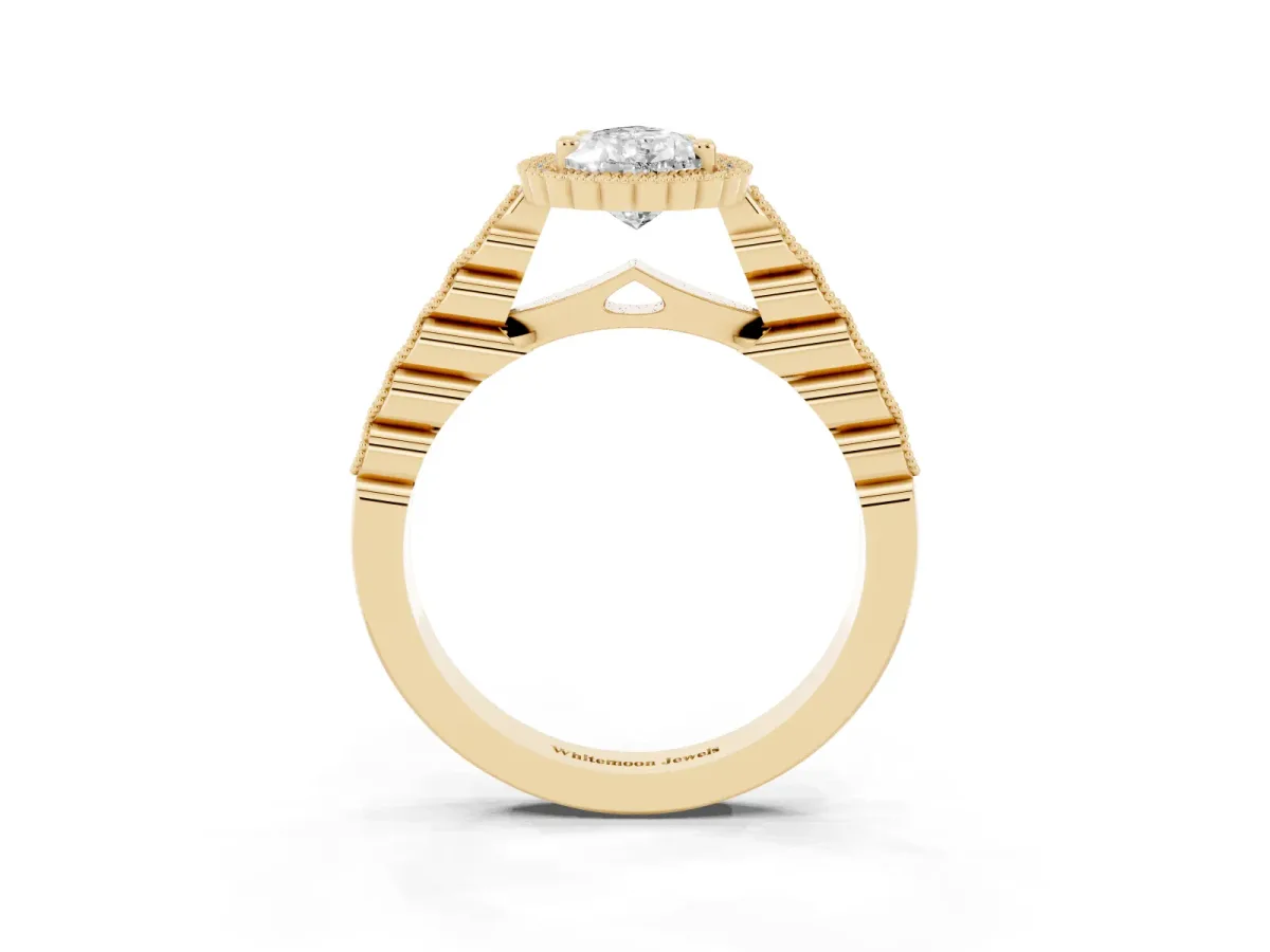 Pear Cut Cut Halo Pavé Solitaire Ring with Milgrain Band Yellow gold