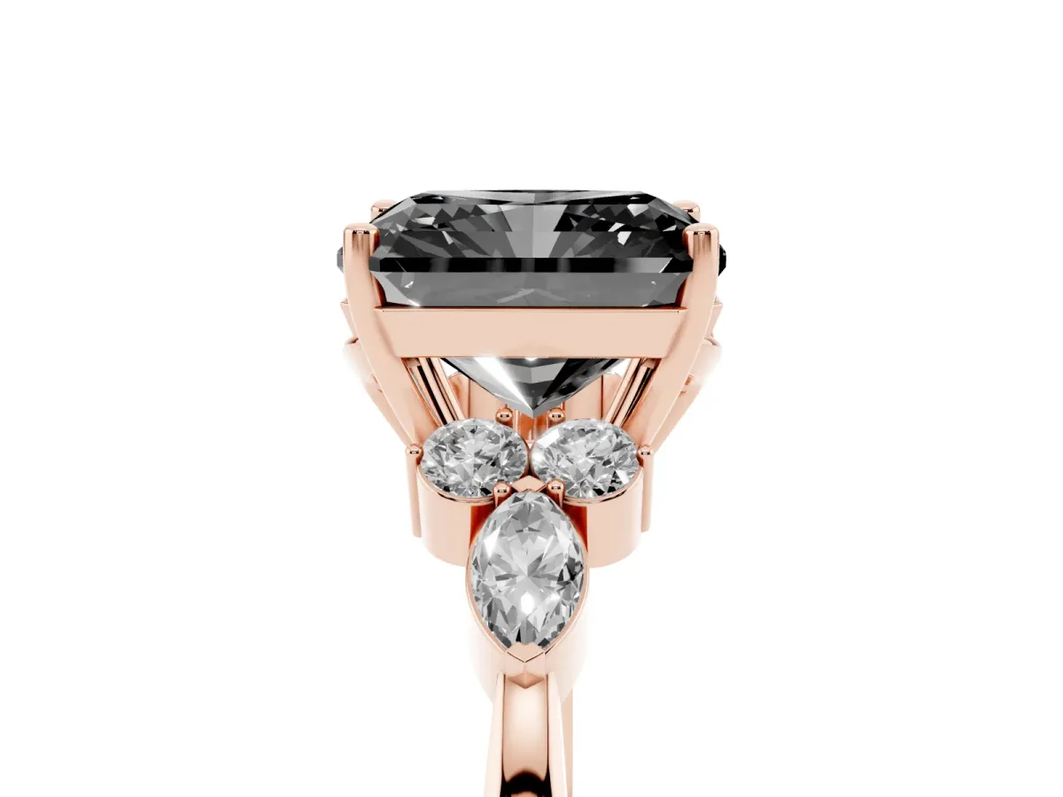 Fancy Black Radiant Cut Brilliant Diamond Solitaire Ring with Pear Side Stones and Four-Prong Setting Rose gold