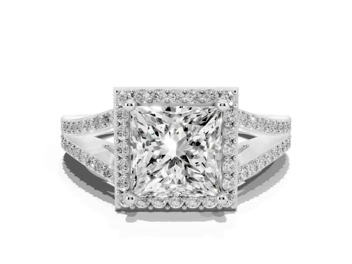 Princess Cut Halo Split Shank Diamond Ring with Prong Setting Silver