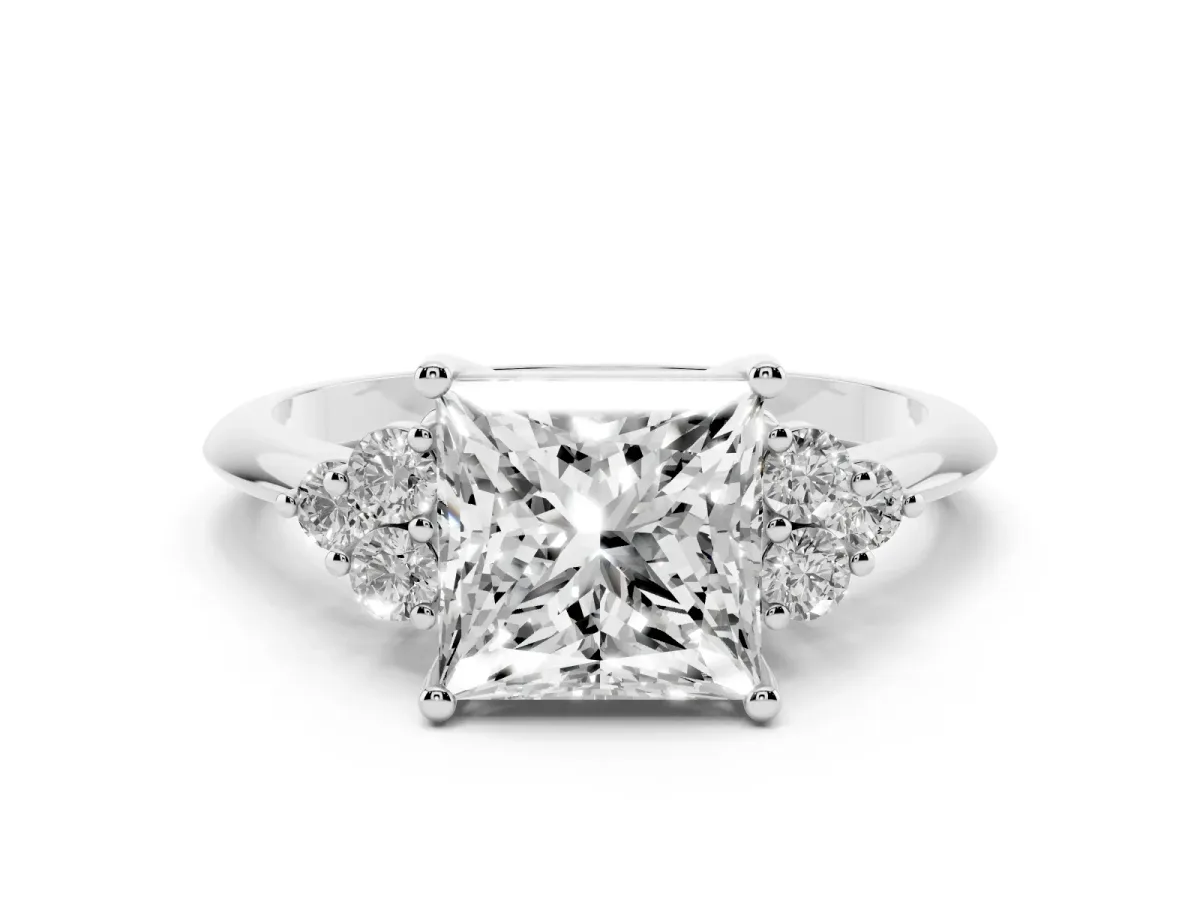 Princess Cut Cut Diamond Cluster Ring with Solitaire Band and Four-Prong Setting Silver