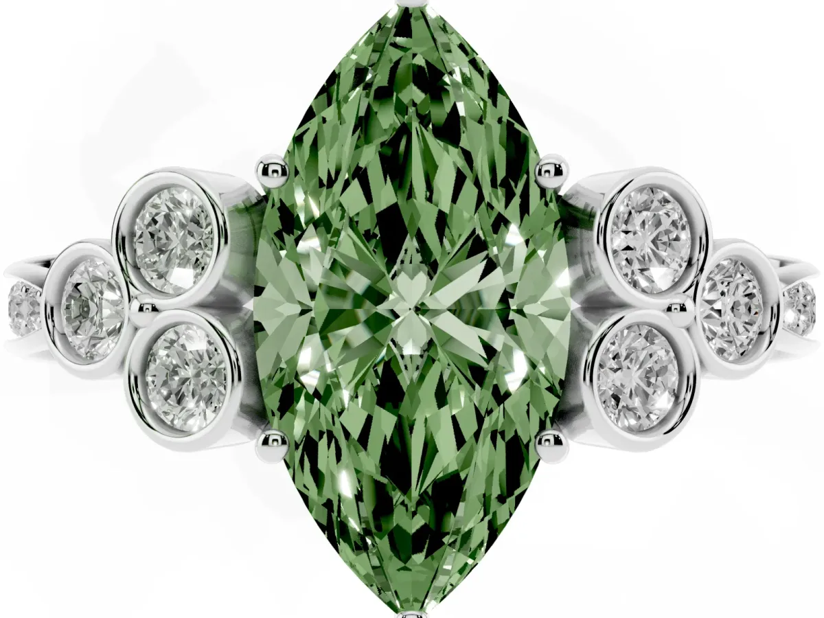 Fancy Green Marquise Cut Cut Diamond Engagement Ring with Bezel Set Round Side Stones and Prong Setting Silver