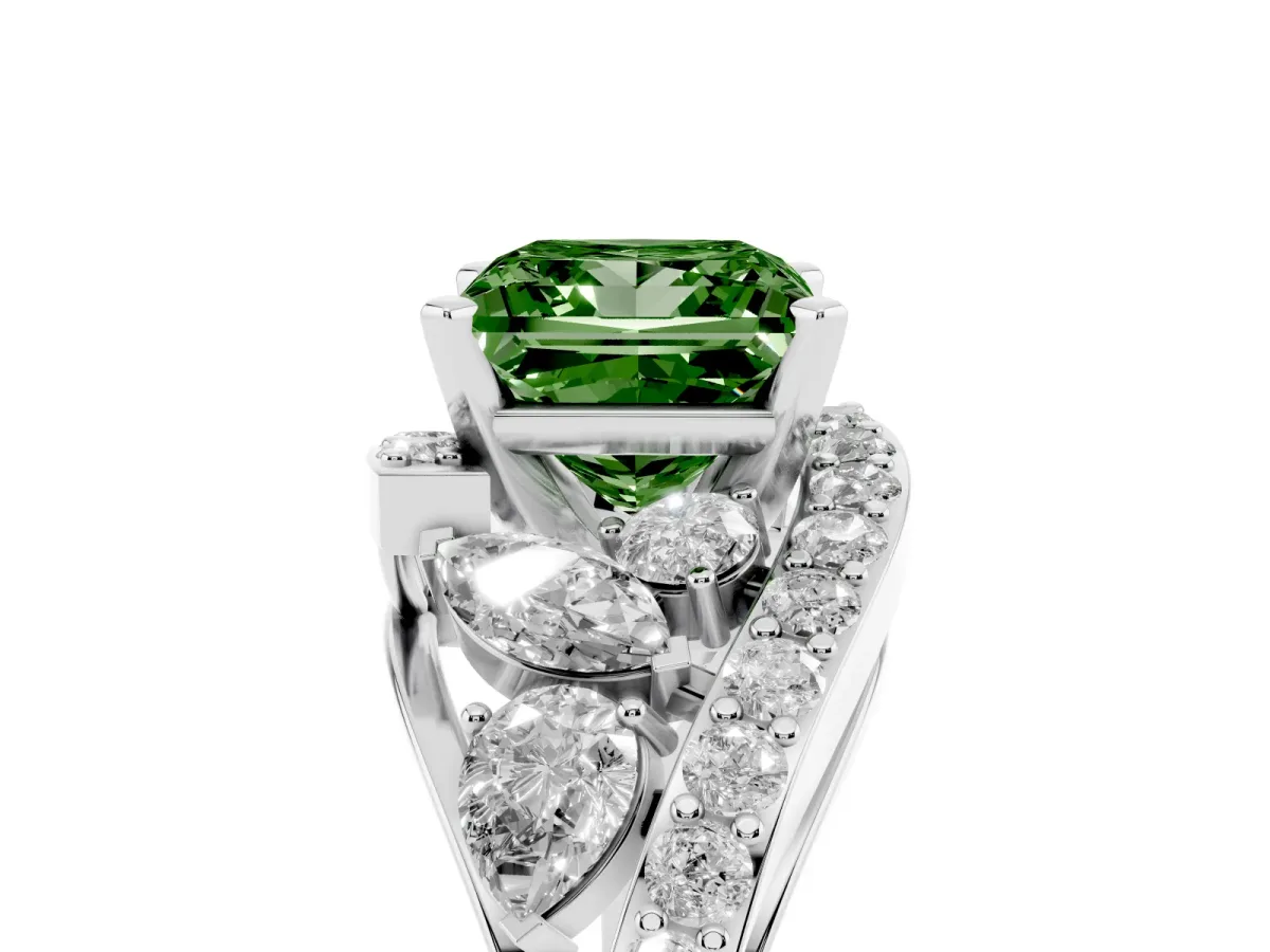 Fancy Green Princess Cut Diamond Halo Ring with Marquise and Pavé Band in Prong Setting Silver