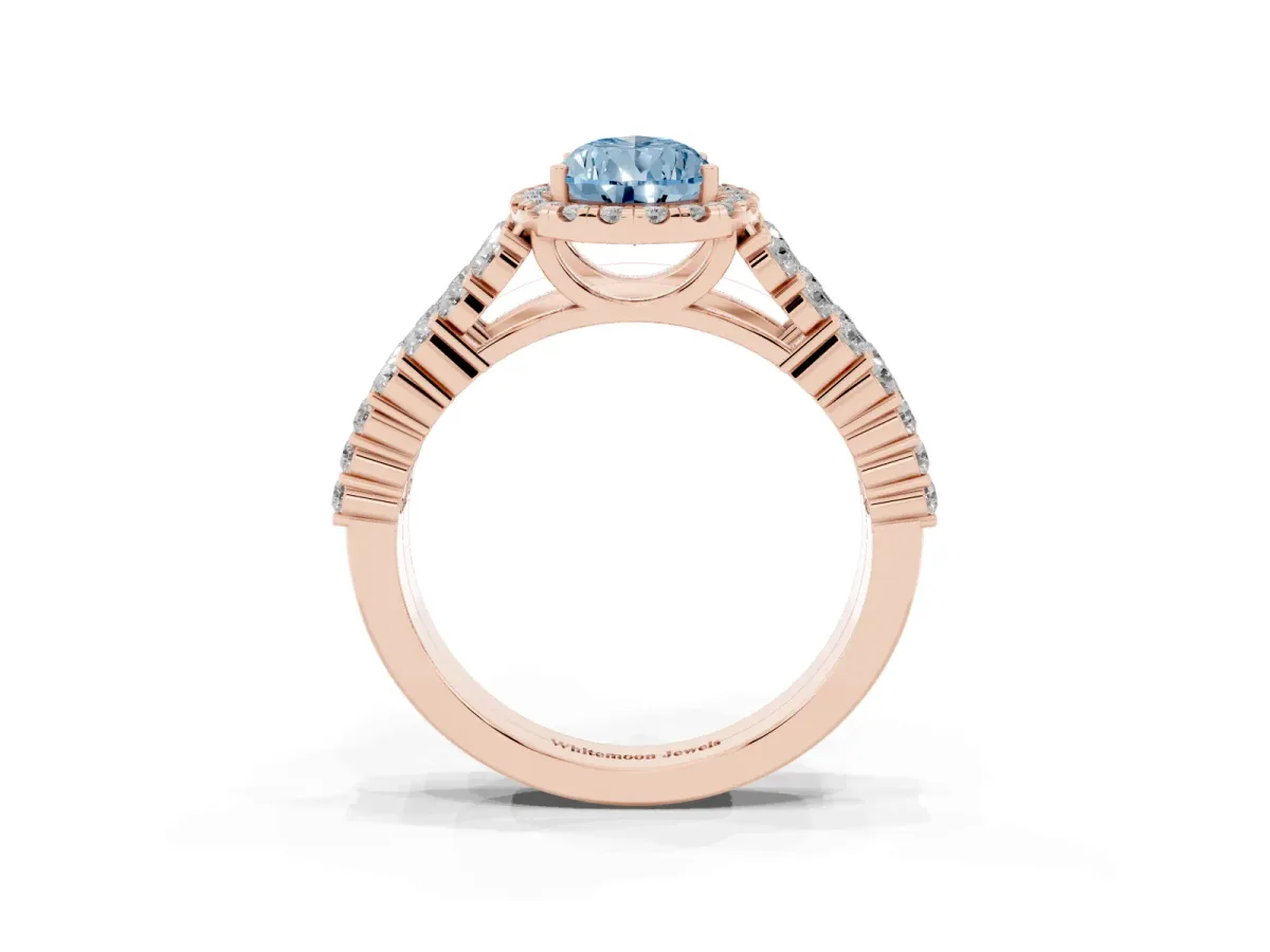 Fancy Blue Pear Cut Diamond Halo Engagement Ring with Triple Row Round Pavé Band and Prong Setting Rose gold