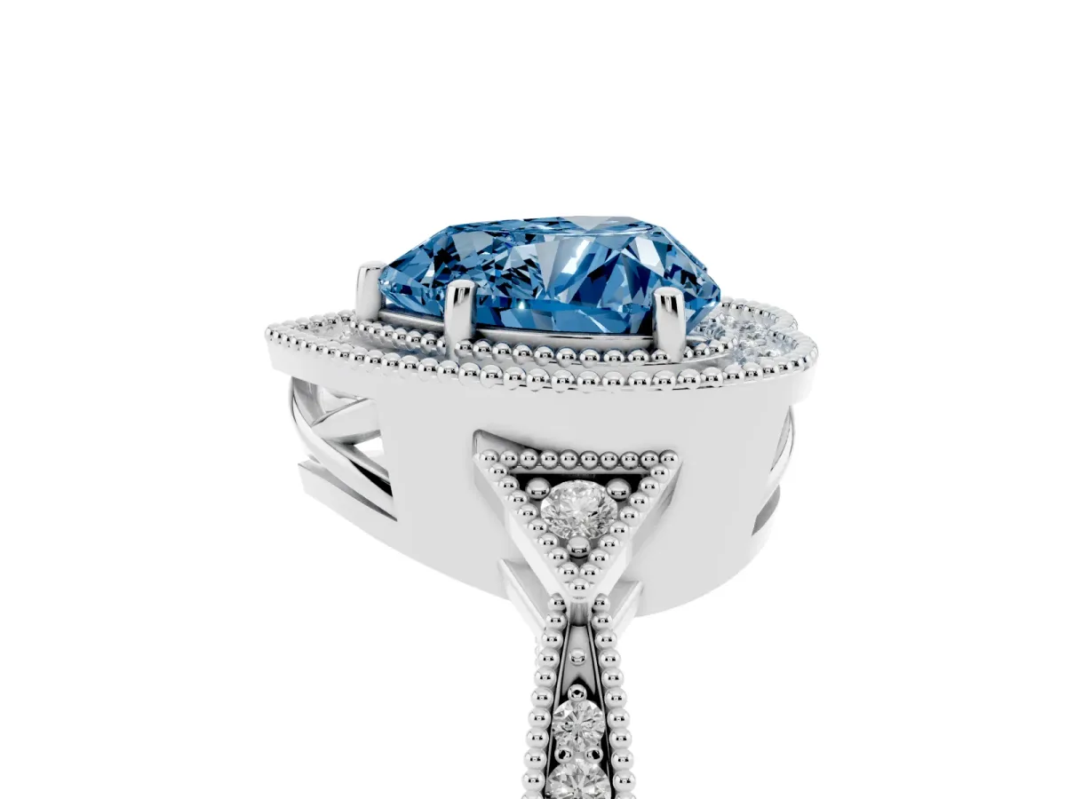 Fancy Blue Heart Cut Halo Round Diamond Milgrain Pave Engagement Ring White gold