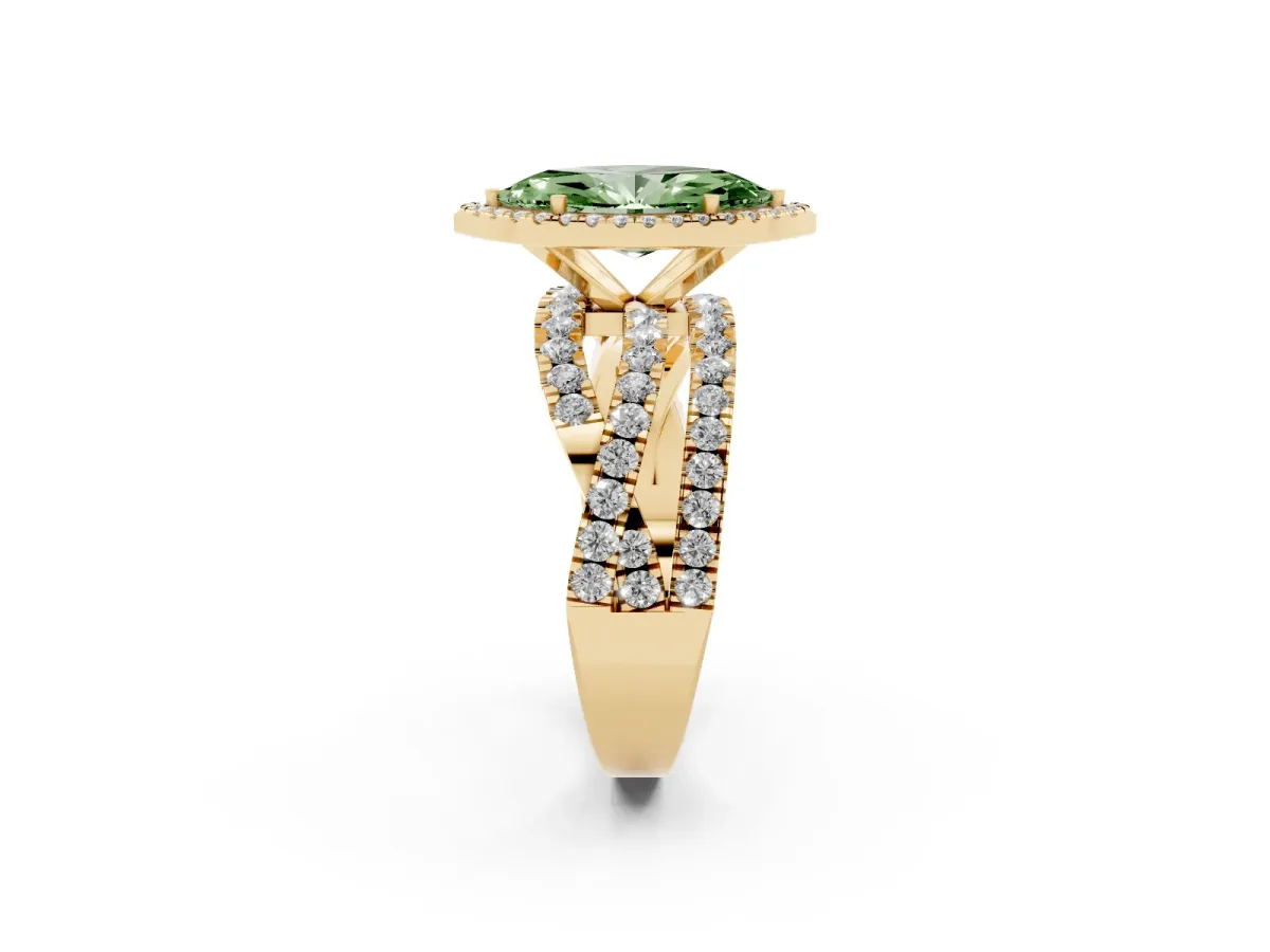 Fancy Green Marquise Cut Diamond Halo Ring with Round Split Shank and Prong Setting Yellow gold