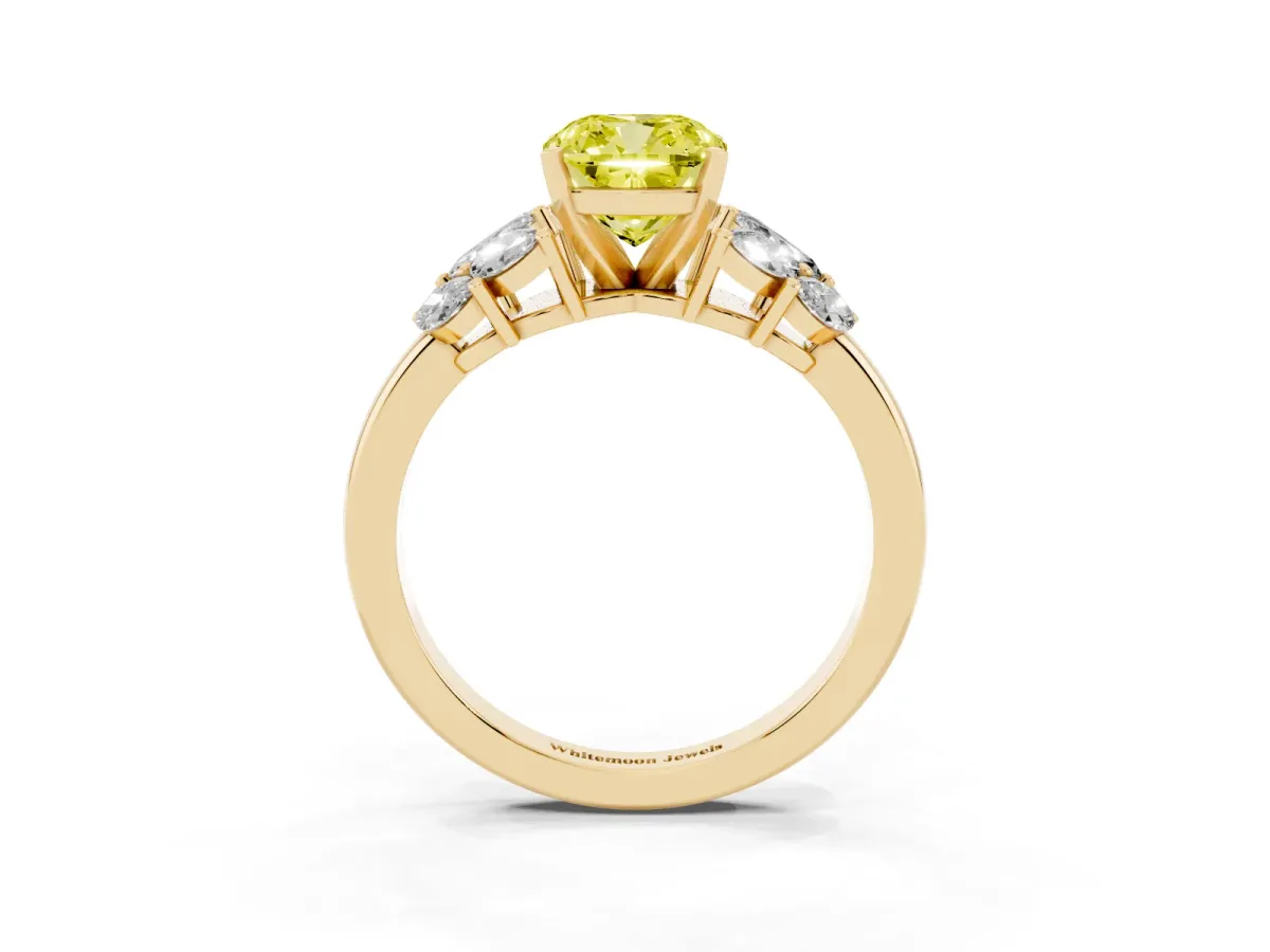 Fancy Yellow Cushion Cut Diamond Cluster Leaf Design Ring with Prong Setting Yellow gold