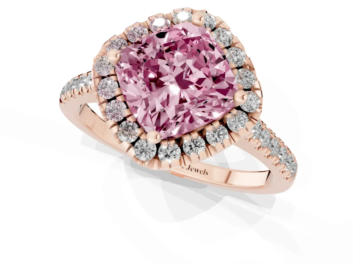 Fancy Pink Cushion Cut Diamond Cushion Halo Ring with Pavé Band Rose gold