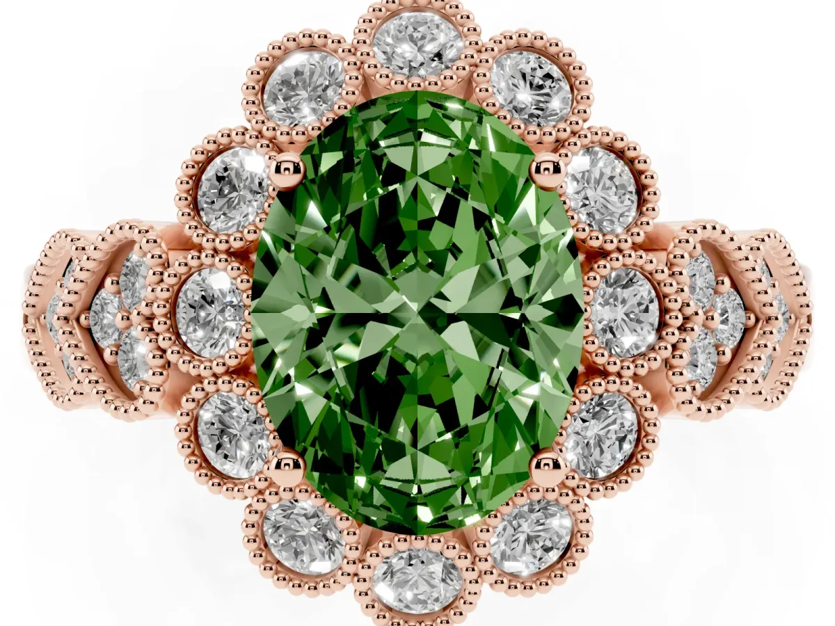 Fancy Green Oval Cut Brilliant Milgrain Pave Heart Band Solitaire Ring Rose gold