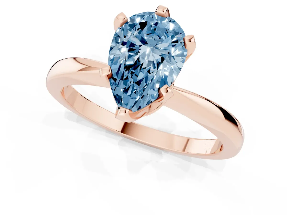 Fancy Blue Pear Cut Solitaire Engagement Ring with Six-Prong Setting and Tapered Band Rose gold