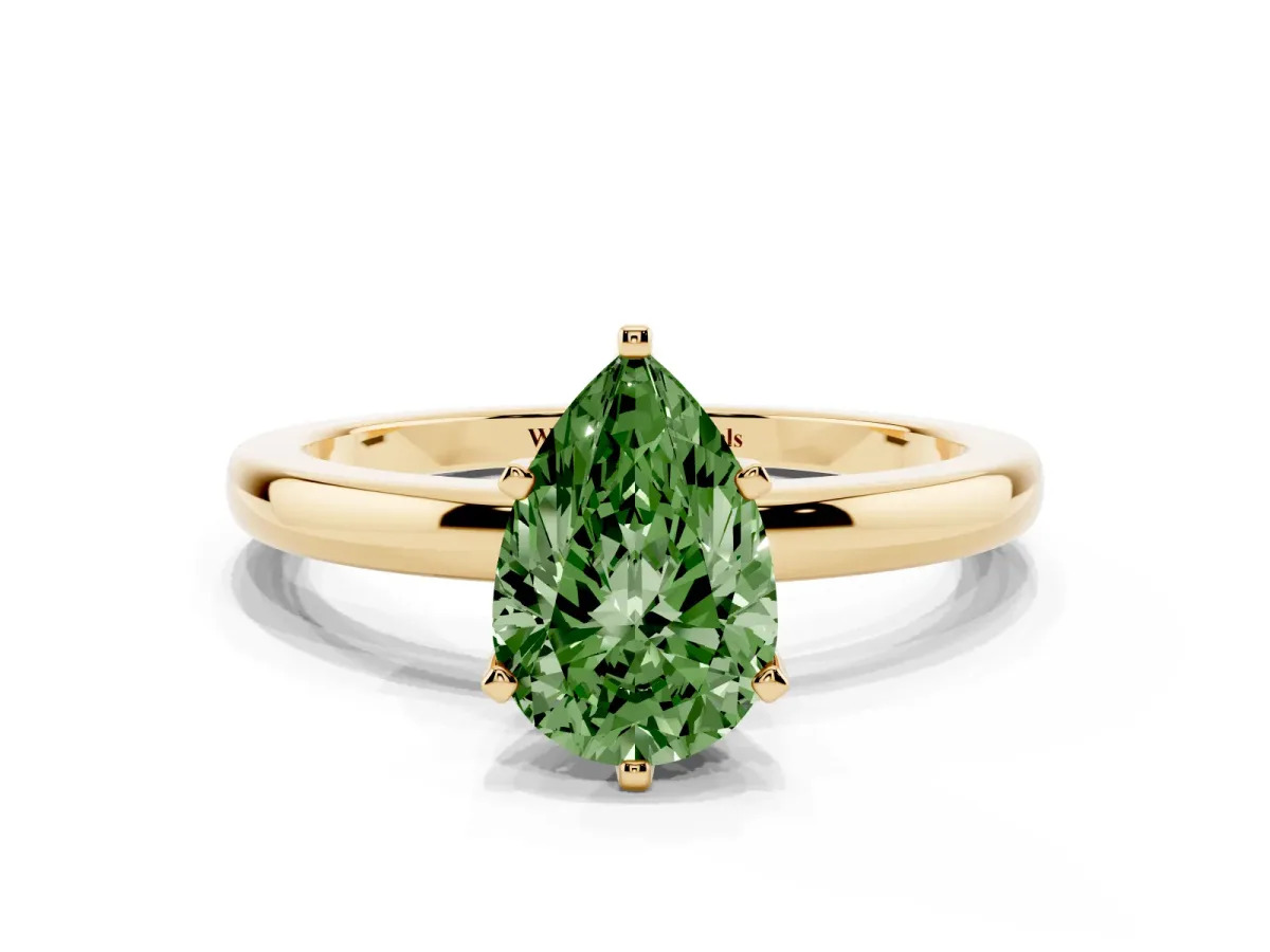 Fancy Green Pear Cut Solitaire Diamond Ring with Six-Prong Setting on a Classic Band Yellow gold
