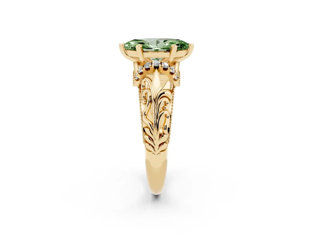 Fancy Green Marquise Cut Solitaire Filigree Engagement Ring with Halo and Prong Setting Yellow gold