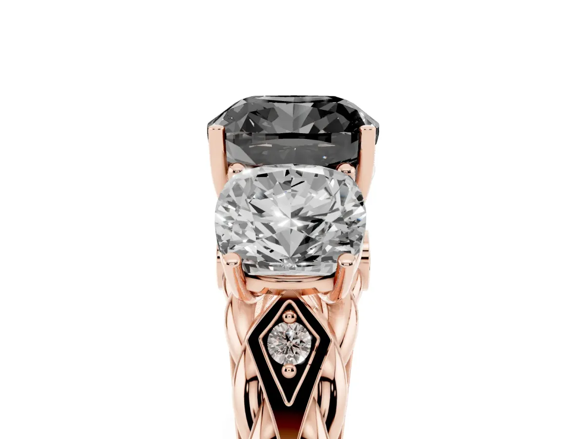 Fancy Black Three-Stone Cushion Cut Diamond Braided Band Ring with Four-Prong Setting Rose gold