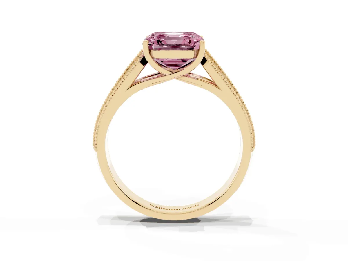 Fancy Pink Asscher Cut Cut Pave Split Shank Engagement Ring with Four-Prong Setting Yellow gold