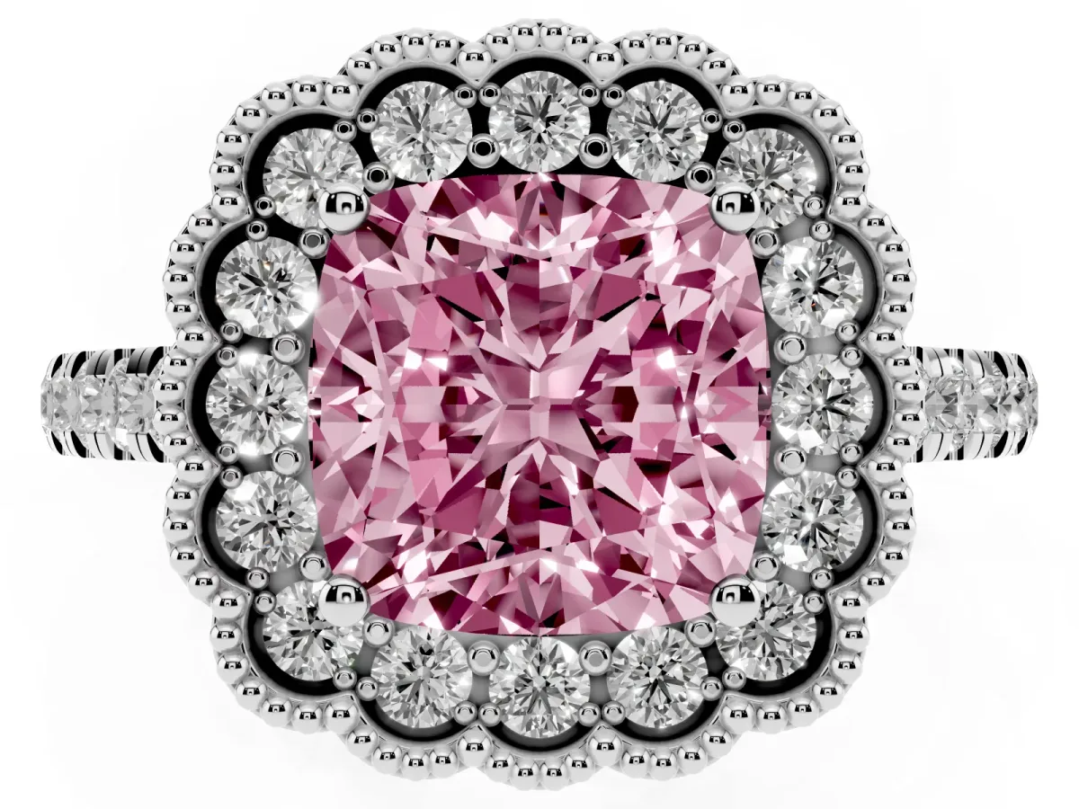 Fancy Pink Cushion Cut Cut Diamond Milgrain Floral Halo Engagement Ring with Pavé Band White gold