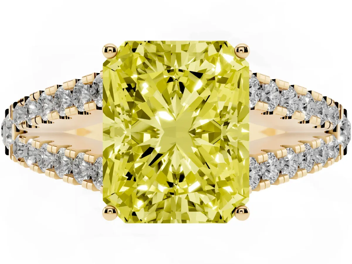 Fancy Yellow Radiant Cut Diamond Split Shank Engagement Ring with Round Pavé and Prong Setting Yellow gold