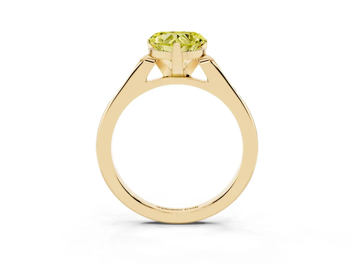 Fancy Yellow Heart Cut Diamond Solitaire Ring with Channel Set Round Band and Prong Setting Yellow gold