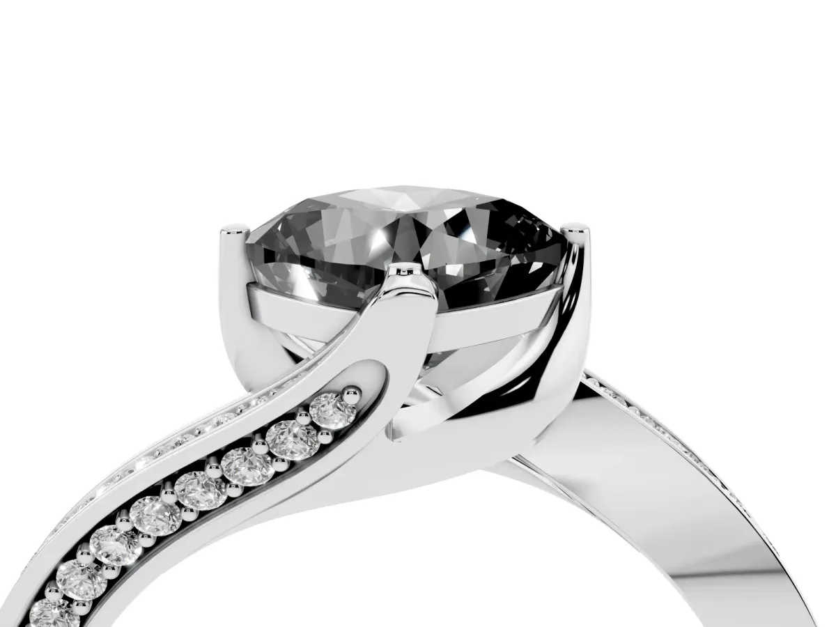 Fancy Black Cushion Cut Solitaire Diamond Twist Band with Pavé Setting and Four-Prong Setting Silver