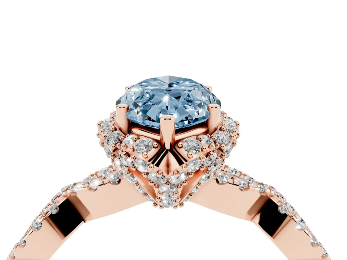 Fancy Blue Marquise Cut Halo Twist Band Solitaire Ring with Six-Prong Setting Rose gold
