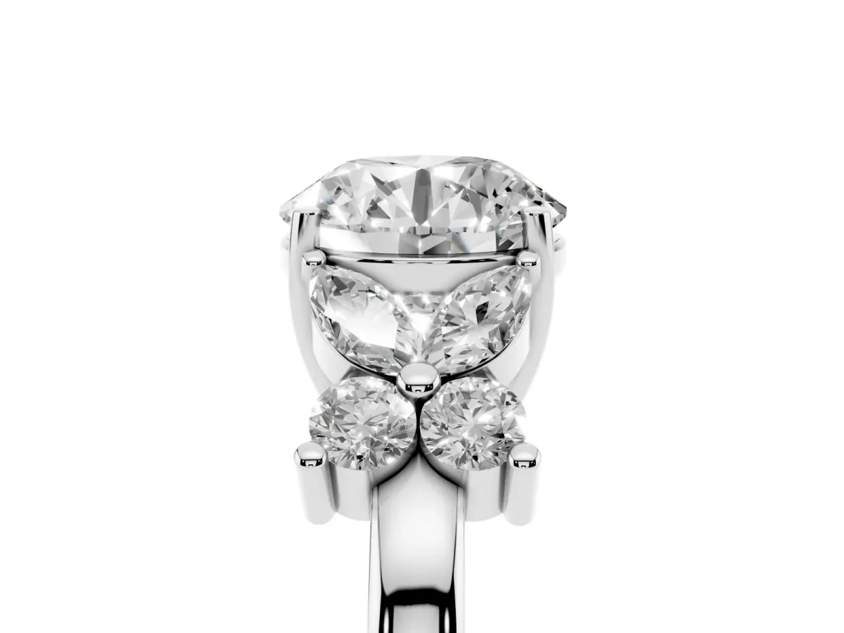 Round Cut Diamond Floral Cluster Ring with Solitaire Band and Prong Setting Silver
