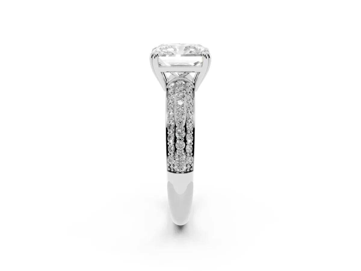 Radiant Cut Diamond Solitaire Ring with Multi-Row Round Pavé Band and Prong Setting Silver
