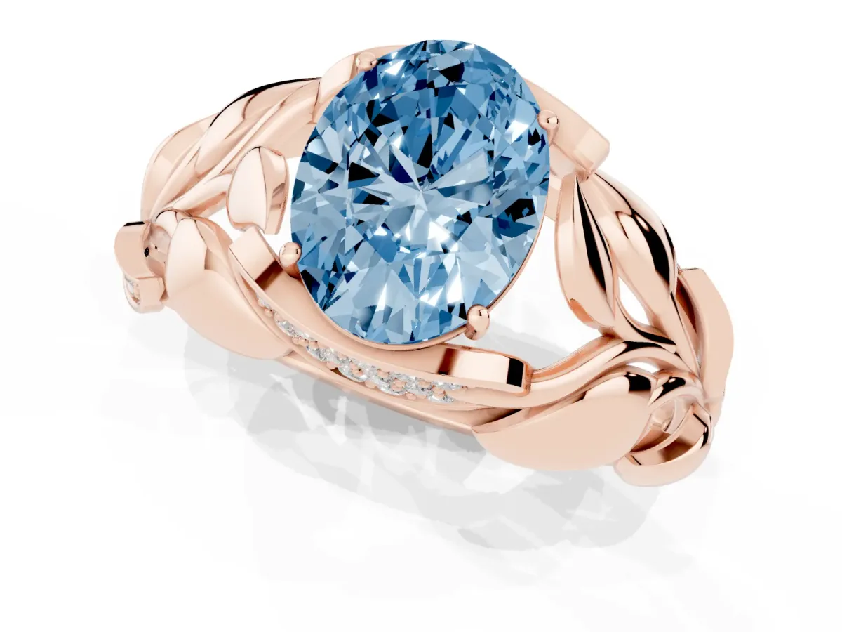 Fancy Blue Oval Cut Diamond Leaf-Inspired Engagement Ring with Round Accents and Prong Setting Rose gold