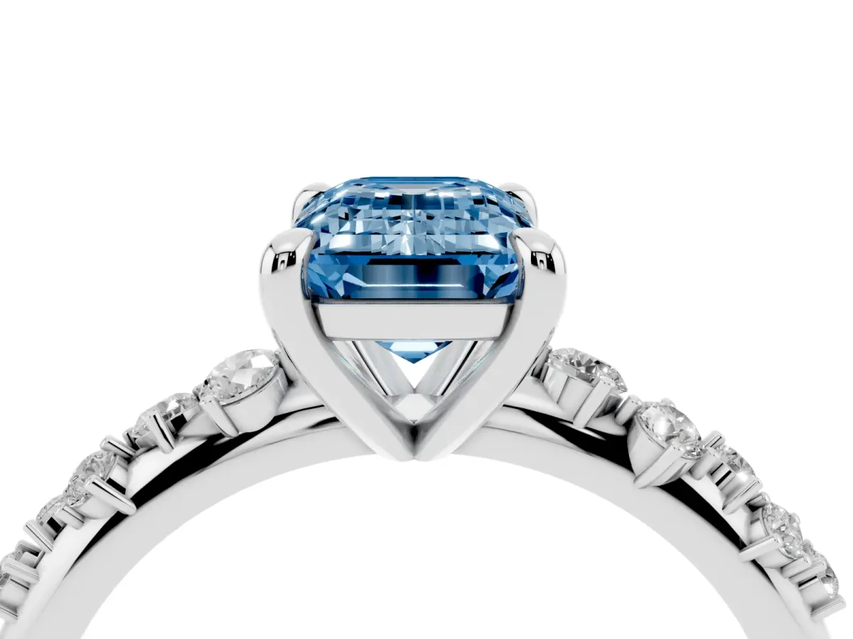 Fancy Blue Emerald Cut Cut Diamond Vine Band with Four-Prong Setting Silver