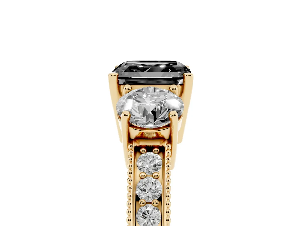 Fancy Black Asscher Cut Three-Stone Diamond Ring with Pavé Band and Four-Prong Setting Yellow gold