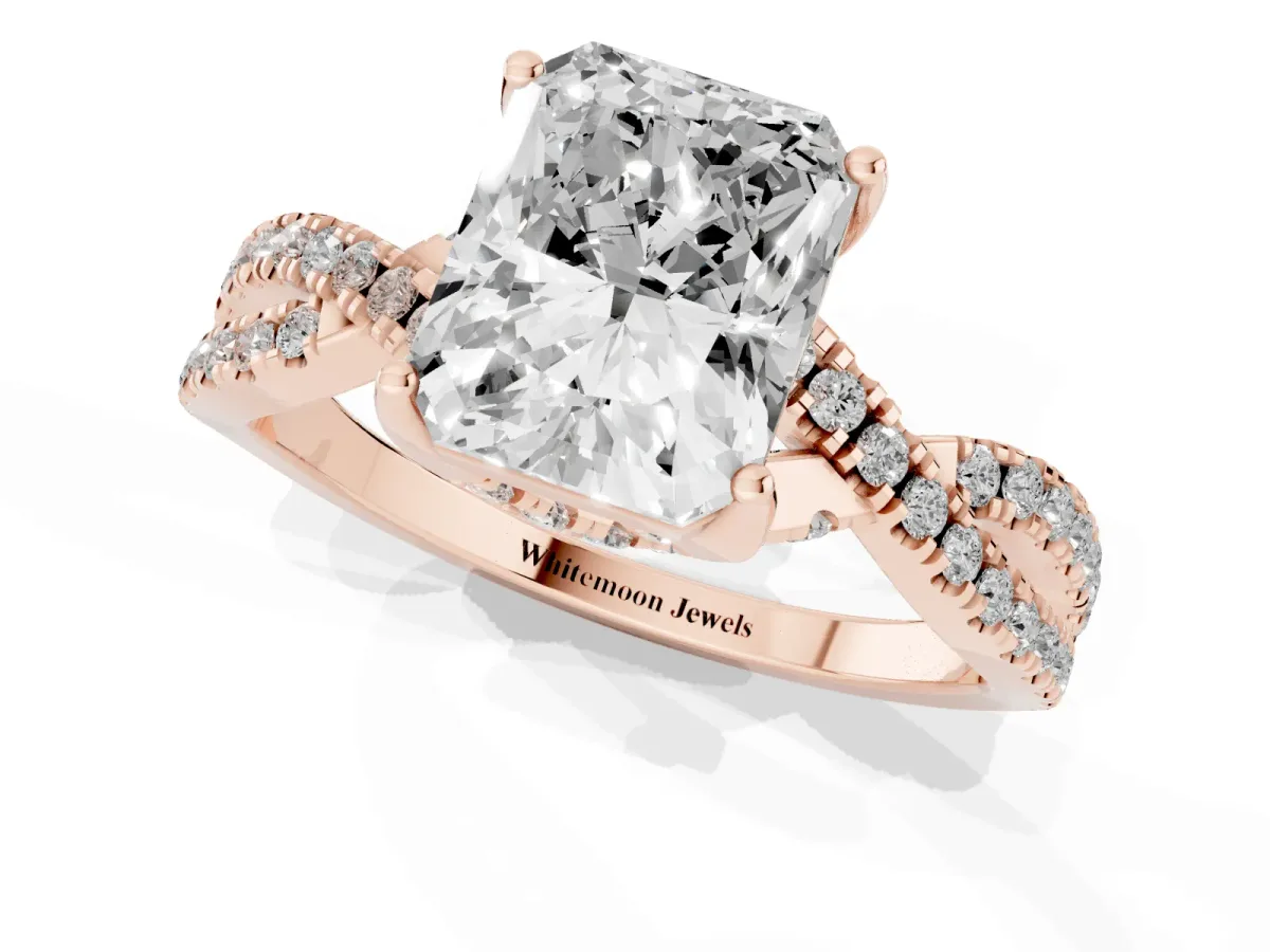 Radiant Cut Solitaire Twist Pave Diamond Engagement Ring with Prong Setting Rose gold