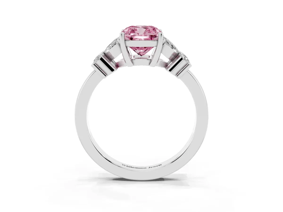 Fancy Pink Cushion Cut Diamond Floral Cluster Ring with Solitaire Band and Prong Setting White gold