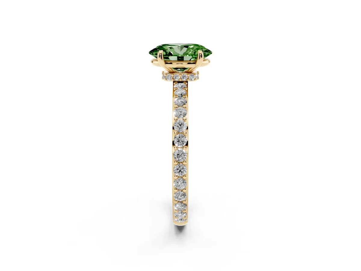 Fancy Green Oval Cut Diamond Pavé Engagement Ring with Round Accents and Prong Setting Yellow gold
