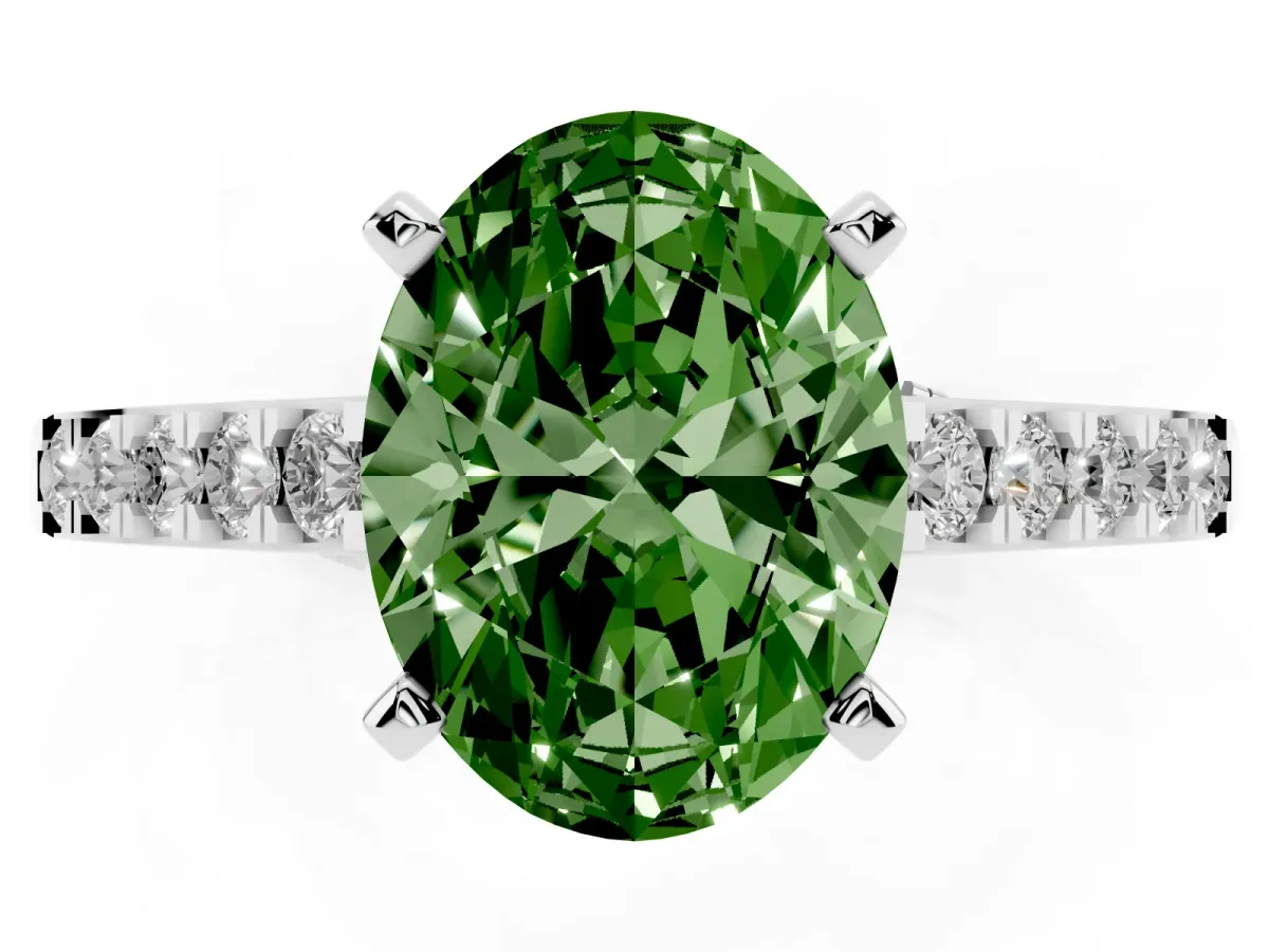 Fancy Green Oval Cut Diamond Solitaire Ring with Crossover Gallery and Round Pavé Band White gold