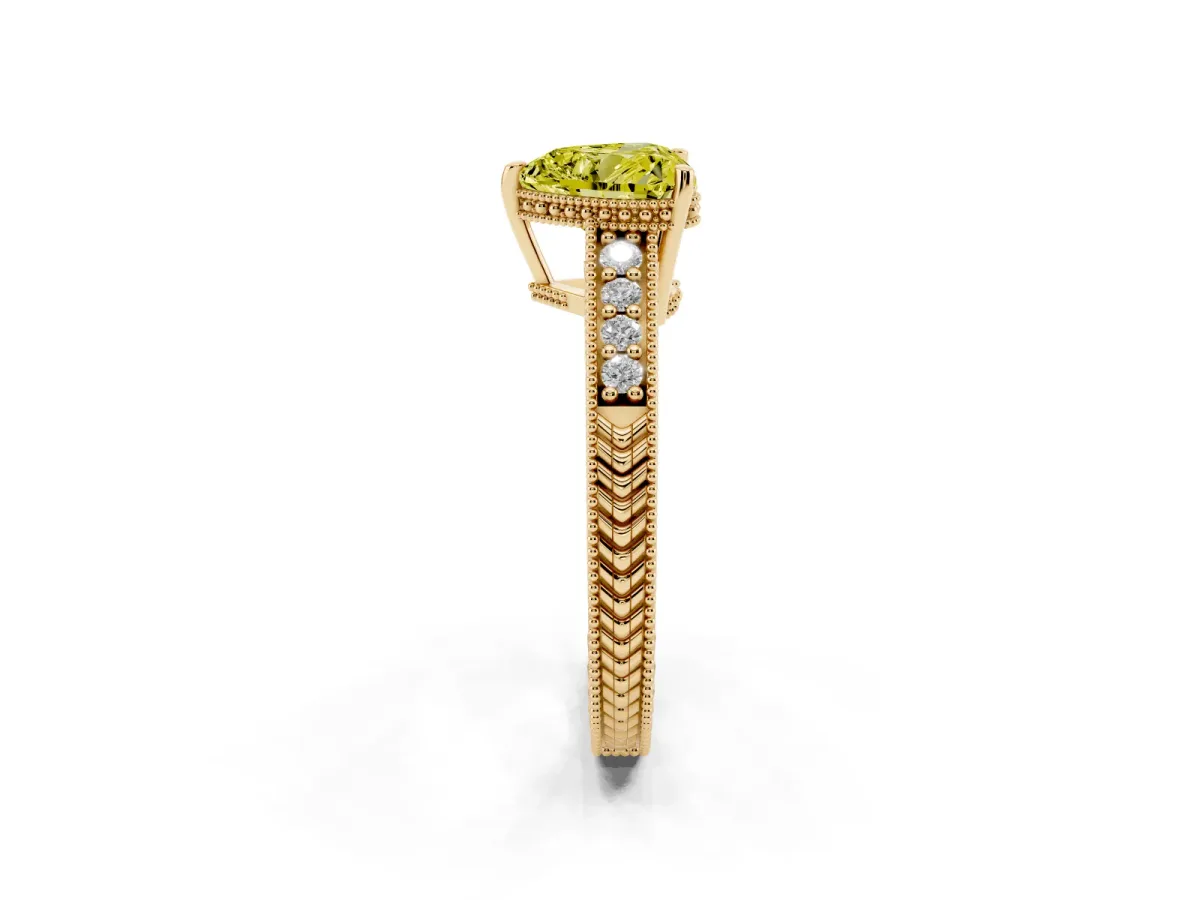 Fancy Yellow Heart Cut Solitaire Pavé Diamond Milgrain Engagement Ring with Four-Prong Setting Yellow gold