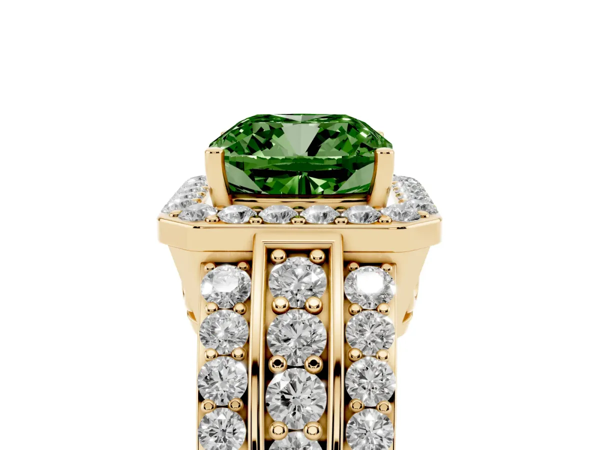 Fancy Green Cushion Cut Halo Diamond Ring with Round Split Shank and Prong Setting Yellow gold