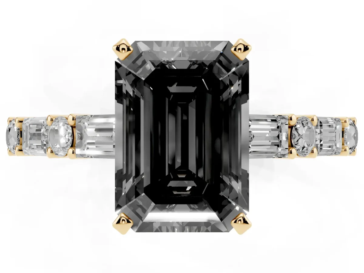 Fancy Black Emerald Cut Diamond Solitaire with Side Baguettes and Channel Set Band Yellow gold